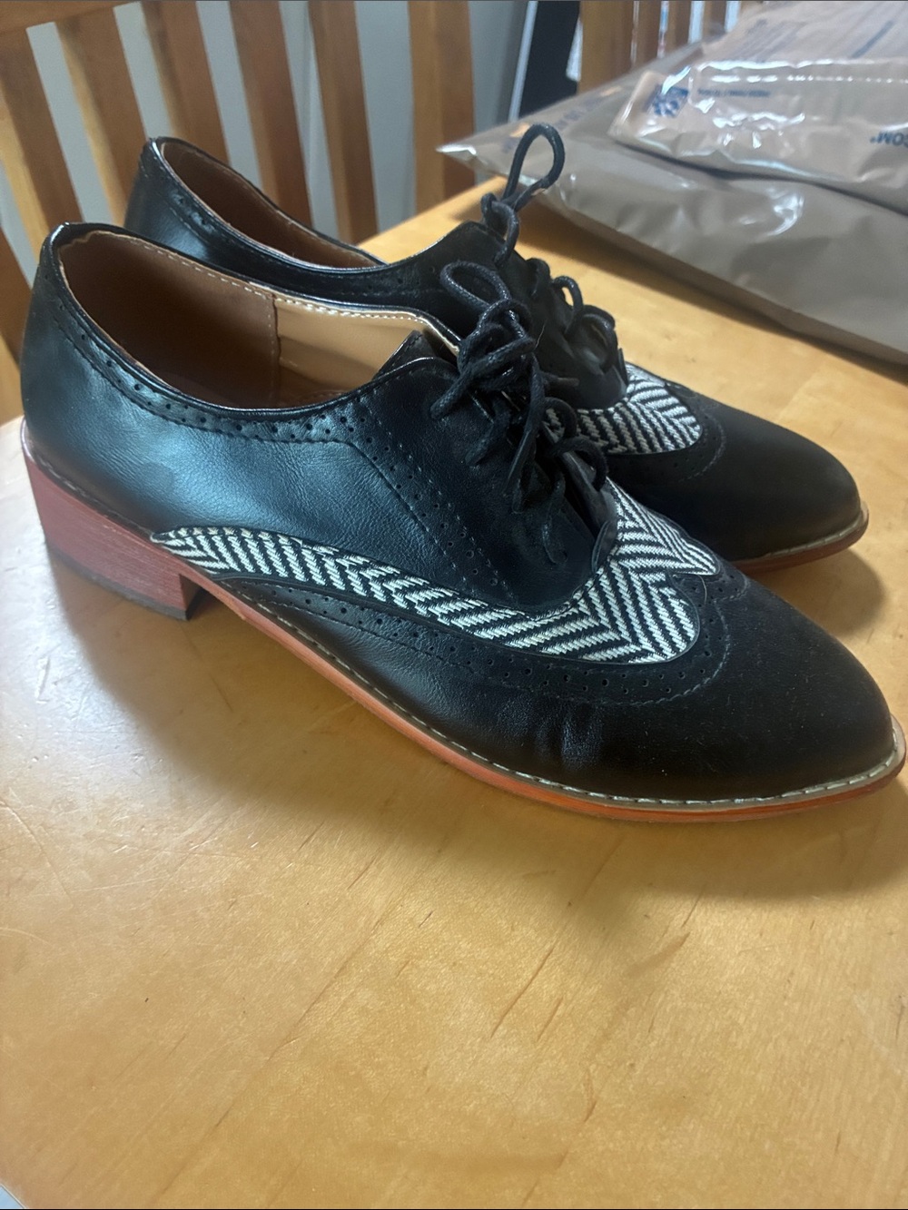 Black Lace-Up Wingtip Oxfords with Herringbone Inserts